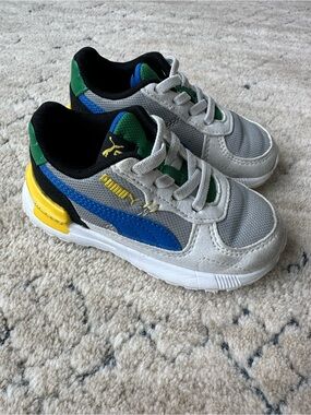 Puma Kids Gray Sneakers with Blue, Green & Yellow Accents